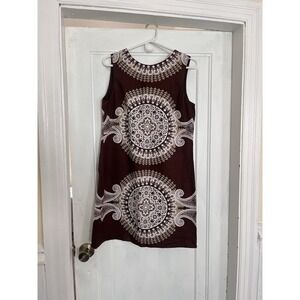 VINTAGE Y2K Maggy London Size 10 Chocolate Brown Linen Shift Dress Paisley Print